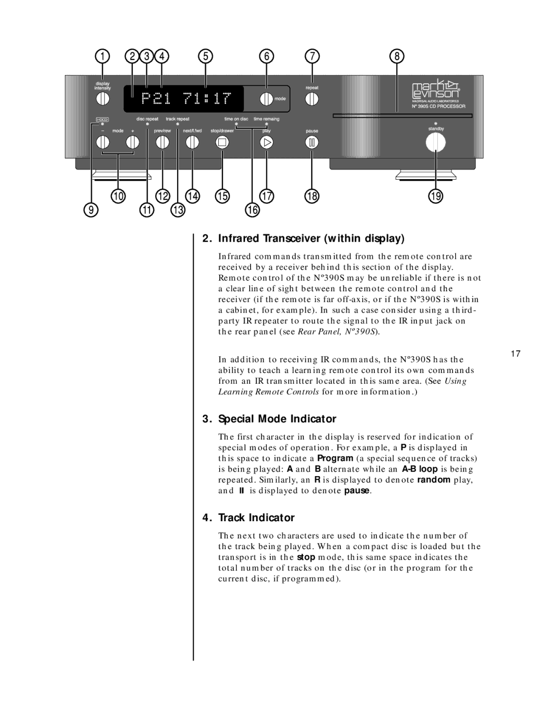 Mark Levinson N390S owner manual Infrared Transceiver within display, Special Mode Indicator, Track Indicator 