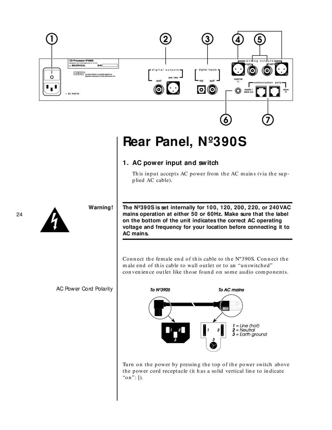 Mark Levinson N390S owner manual Rear Panel, Nº390S, AC power input and switch 