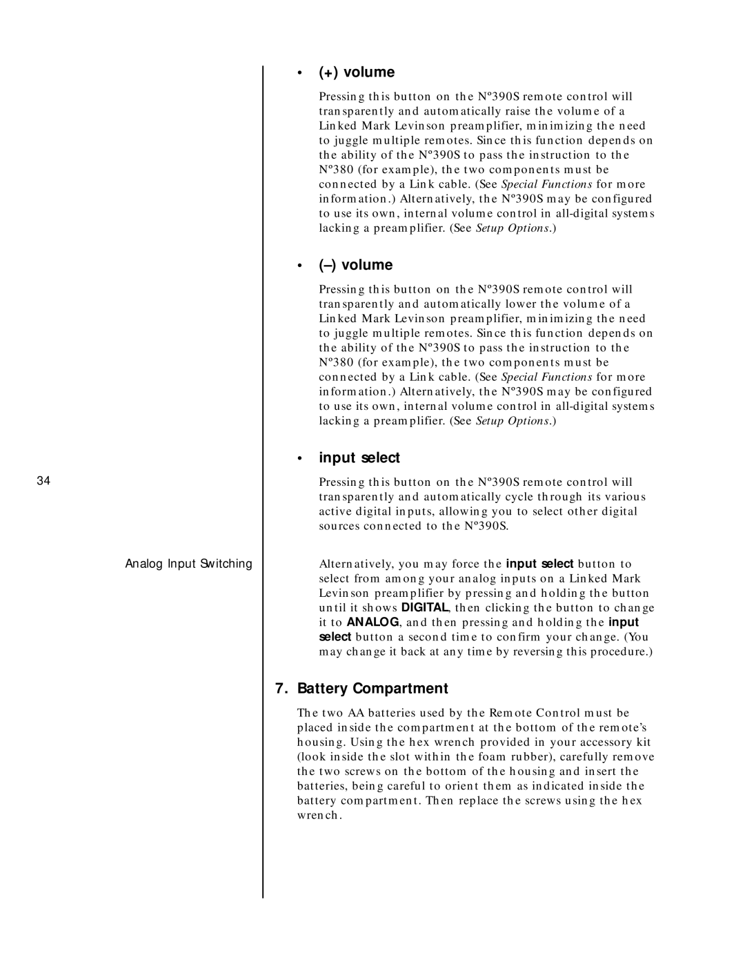 Mark Levinson N390S owner manual + volume, Volume, Input select, Battery Compartment, Analog Input Switching 
