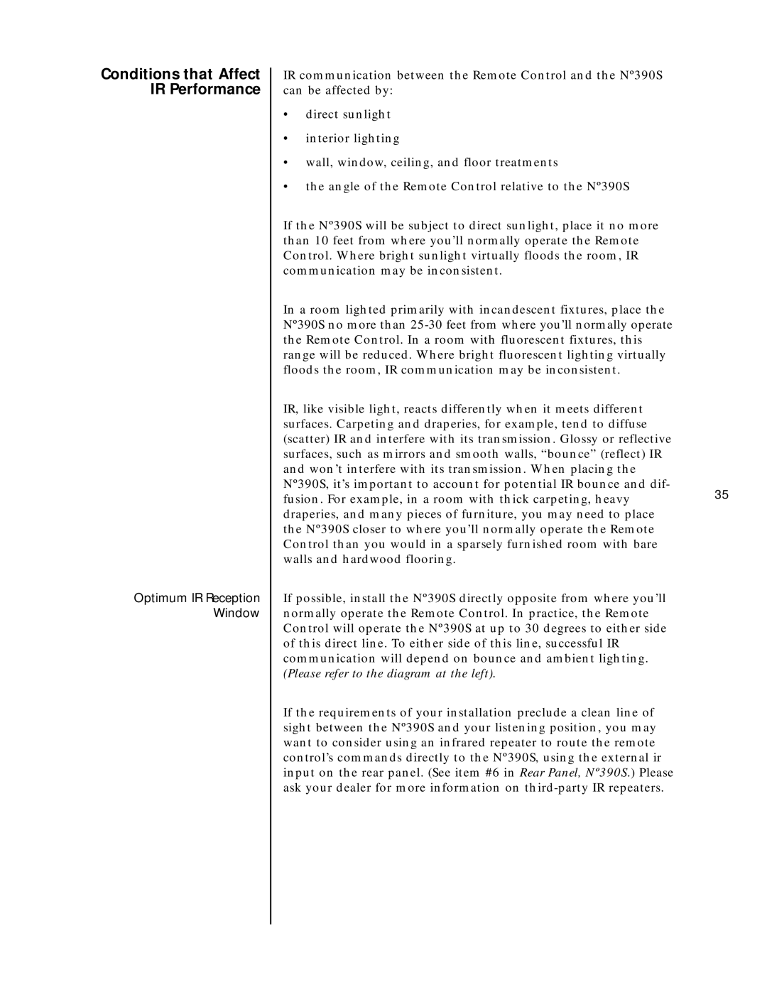 Mark Levinson N390S owner manual Conditions that Affect IR Performance, Optimum IR Reception Window 