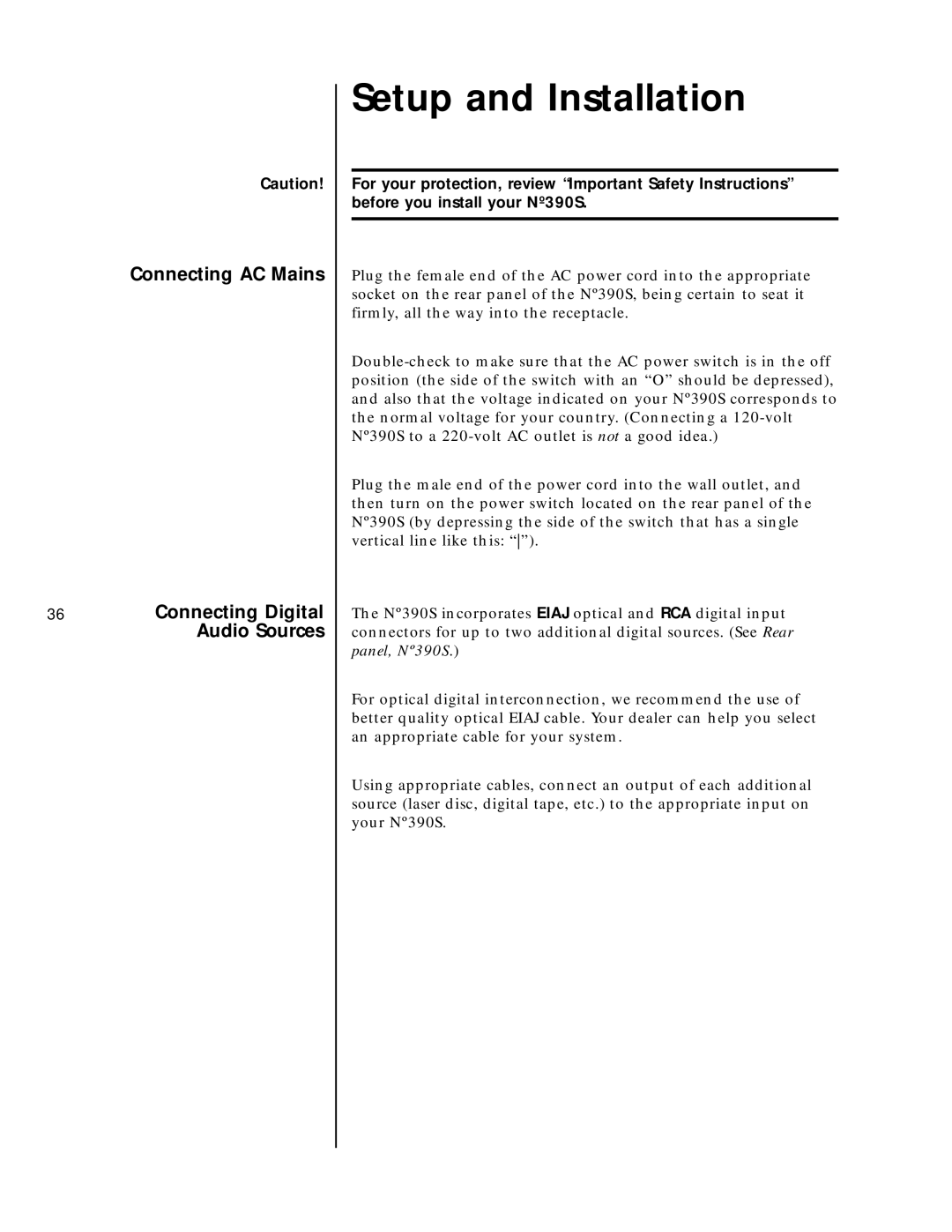 Mark Levinson N390S owner manual Setup and Installation, Connecting AC Mains Connecting Digital Audio Sources 