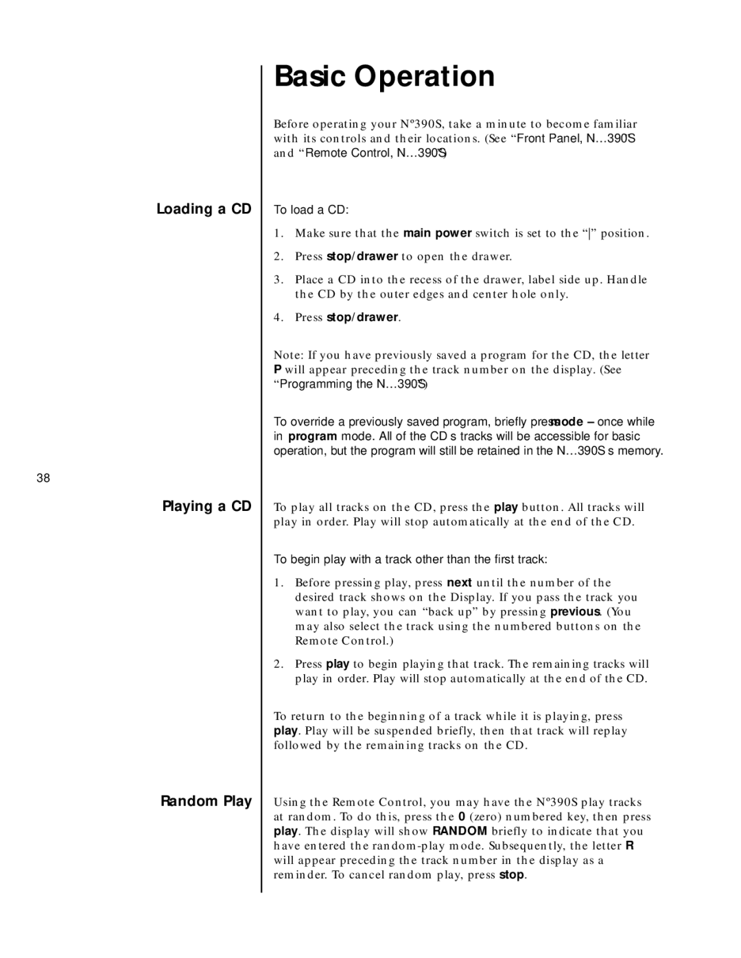 Mark Levinson N390S owner manual Basic Operation, Loading a CD Playing a CD Random Play, To load a CD, Press stop/drawer 