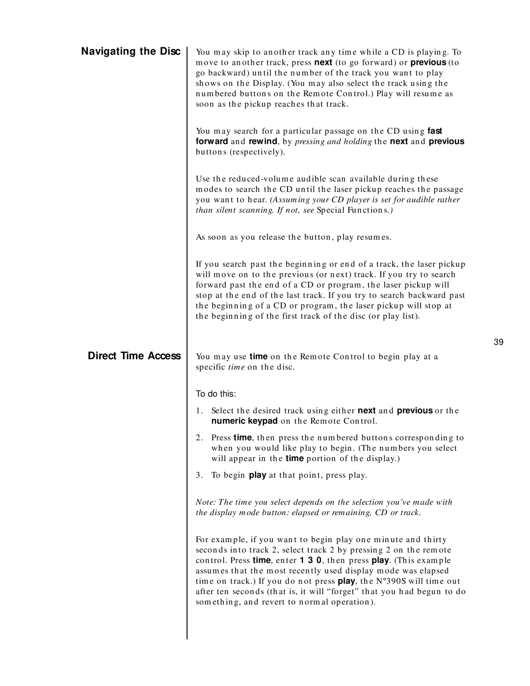 Mark Levinson N390S owner manual Navigating the Disc Direct Time Access, To do this 