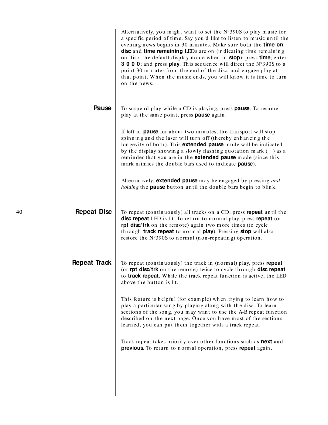 Mark Levinson N390S owner manual Pause Repeat Disc Repeat Track 