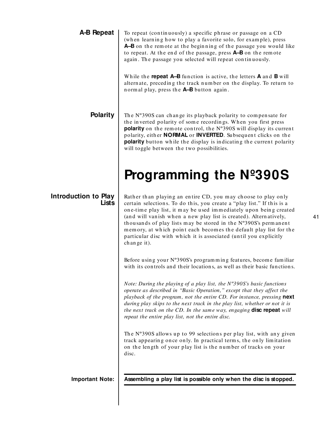 Mark Levinson N390S owner manual Programming the Nº390S, Repeat Polarity Introduction to Play Lists, Important Note 