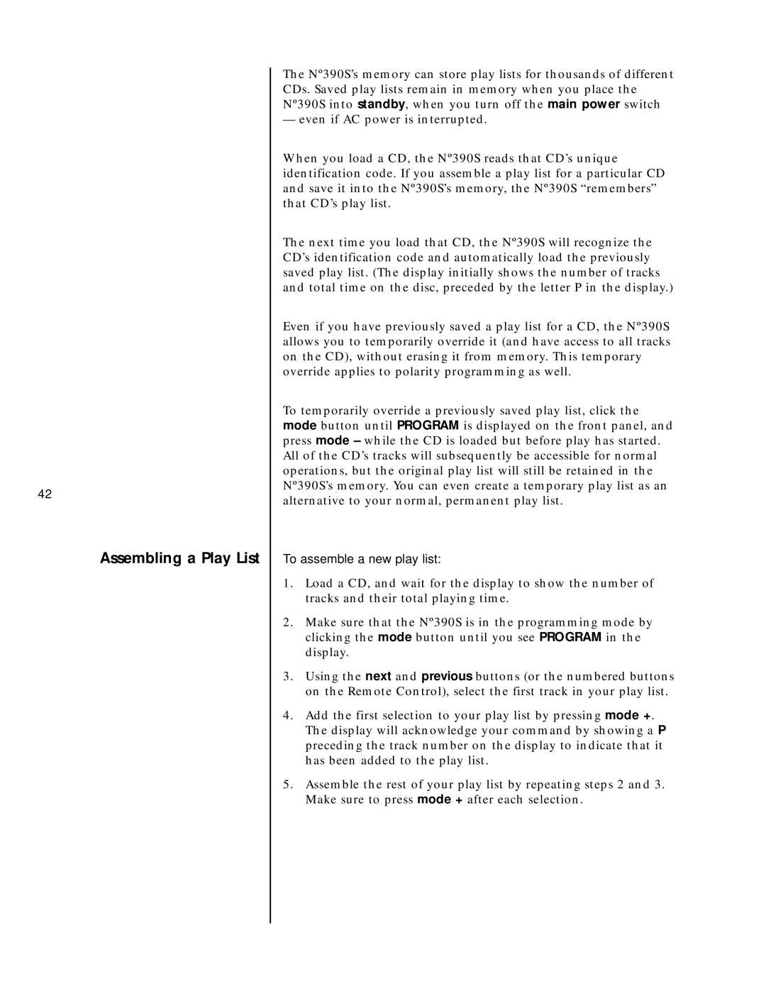 Mark Levinson N390S owner manual Assembling a Play List, To assemble a new play list 