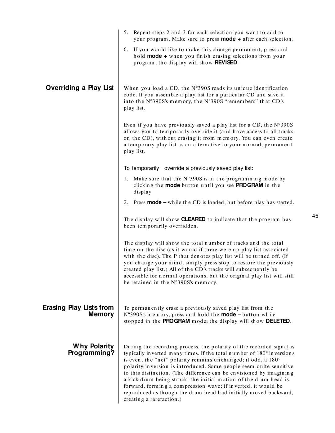 Mark Levinson N390S owner manual Overriding a Play List, Erasing Play Lists from Memory Why Polarity Programming? 