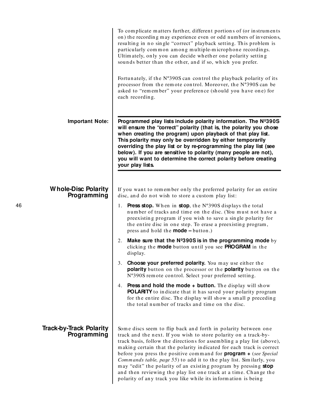 Mark Levinson N390S owner manual Whole-Disc Polarity Programming Track-by-Track Polarity 