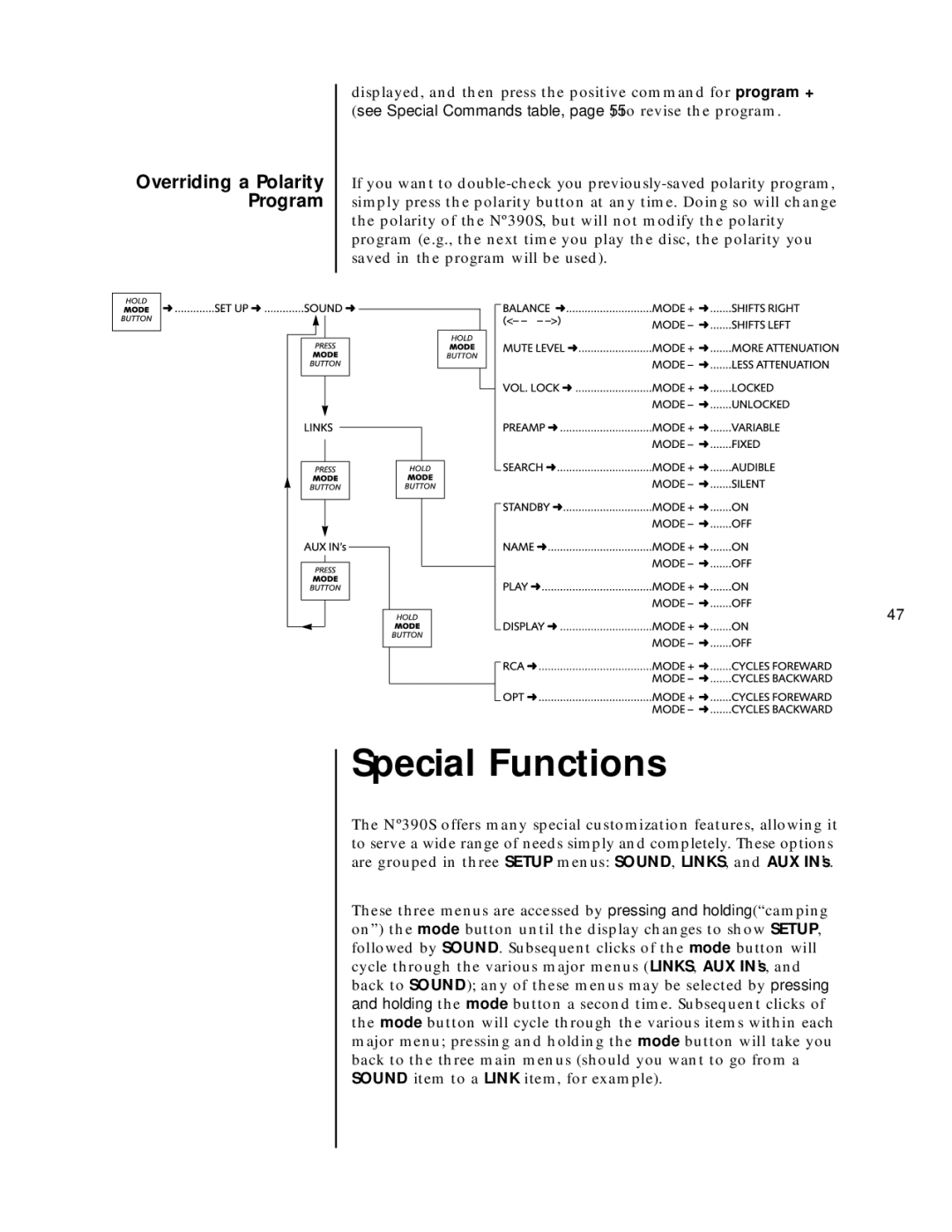 Mark Levinson N390S owner manual Special Functions, Overriding a Polarity Program 