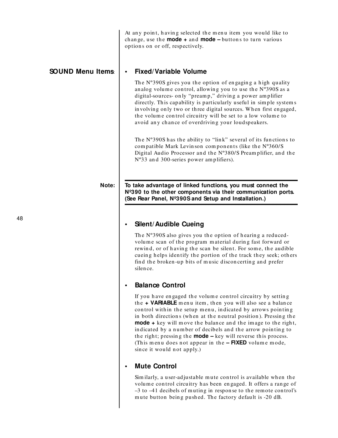 Mark Levinson N390S Sound Menu Items, Fixed/Variable Volume, Silent/Audible Cueing, Balance Control, Mute Control 