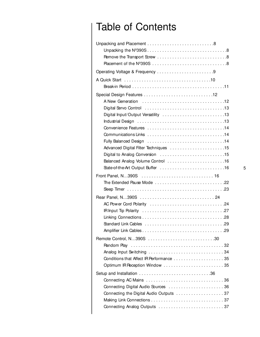 Mark Levinson N390S owner manual Table of Contents 