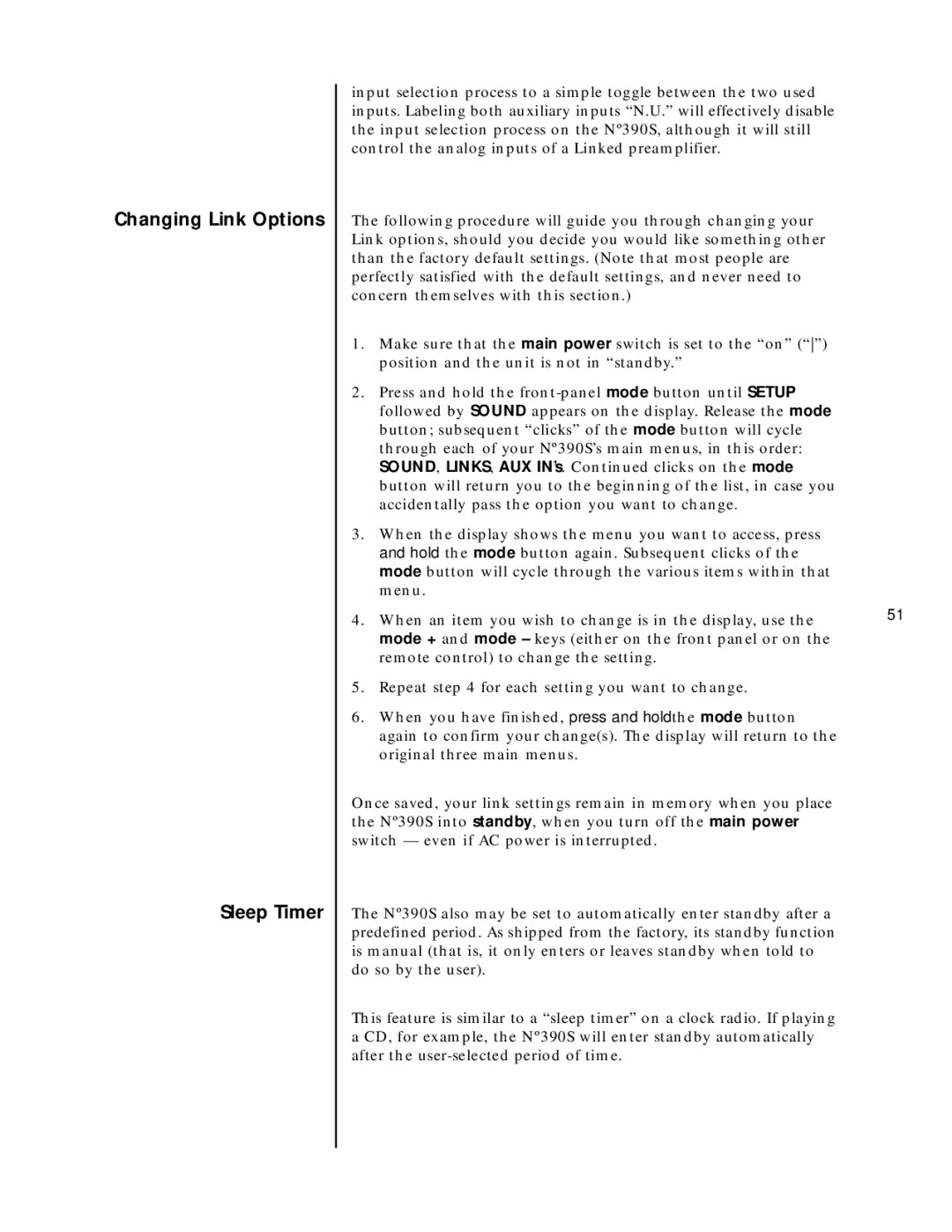 Mark Levinson N390S owner manual Changing Link Options Sleep Timer 