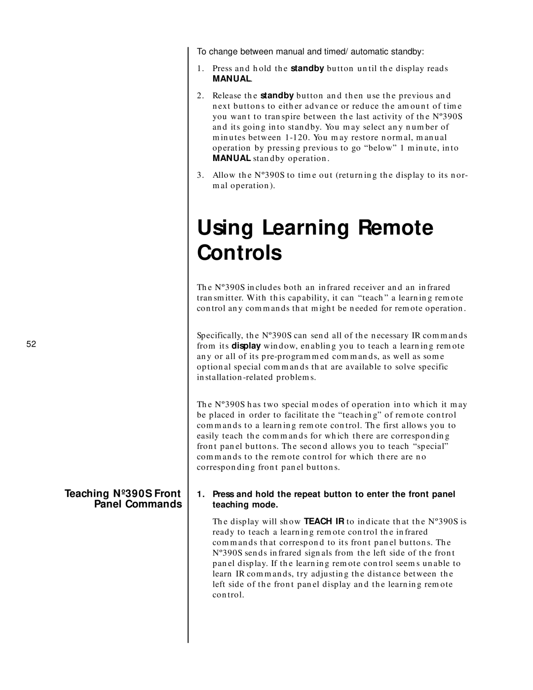 Mark Levinson N390S owner manual Using Learning Remote Controls, Teaching Nº390S Front Panel Commands 