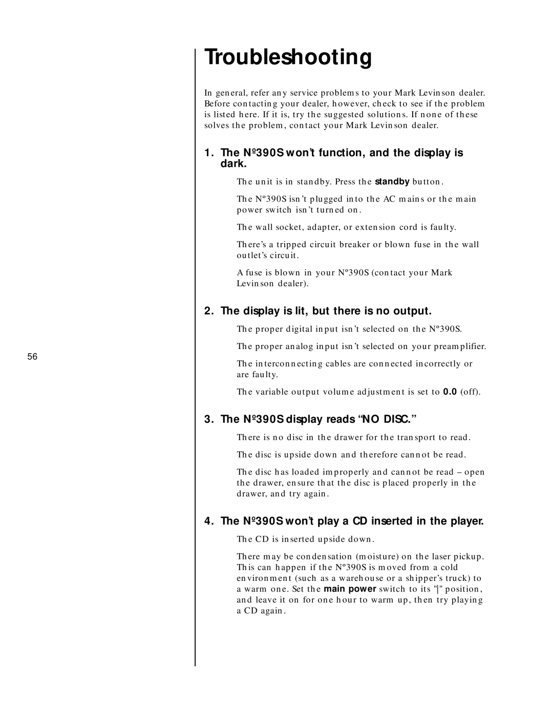 Mark Levinson N390S Troubleshooting, Nº390S won’t function, and the display is dark, Nº390S display reads no Disc 