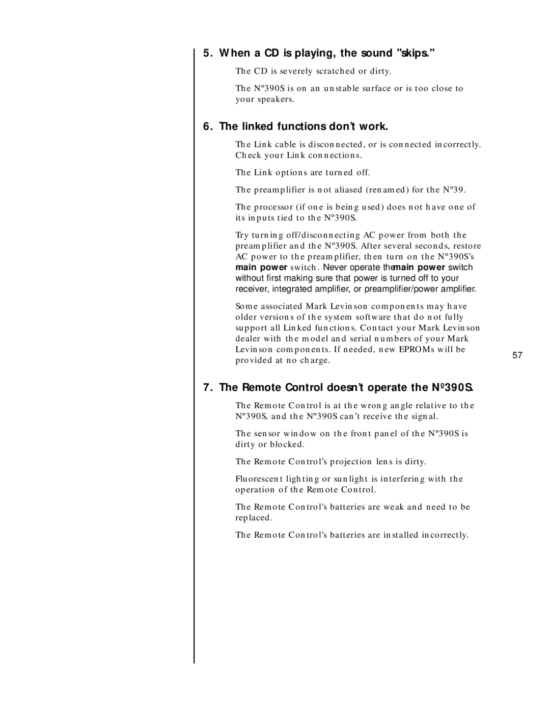 Mark Levinson N390S owner manual Linked functions don’t work, Remote Control doesn’t operate the Nº390S 