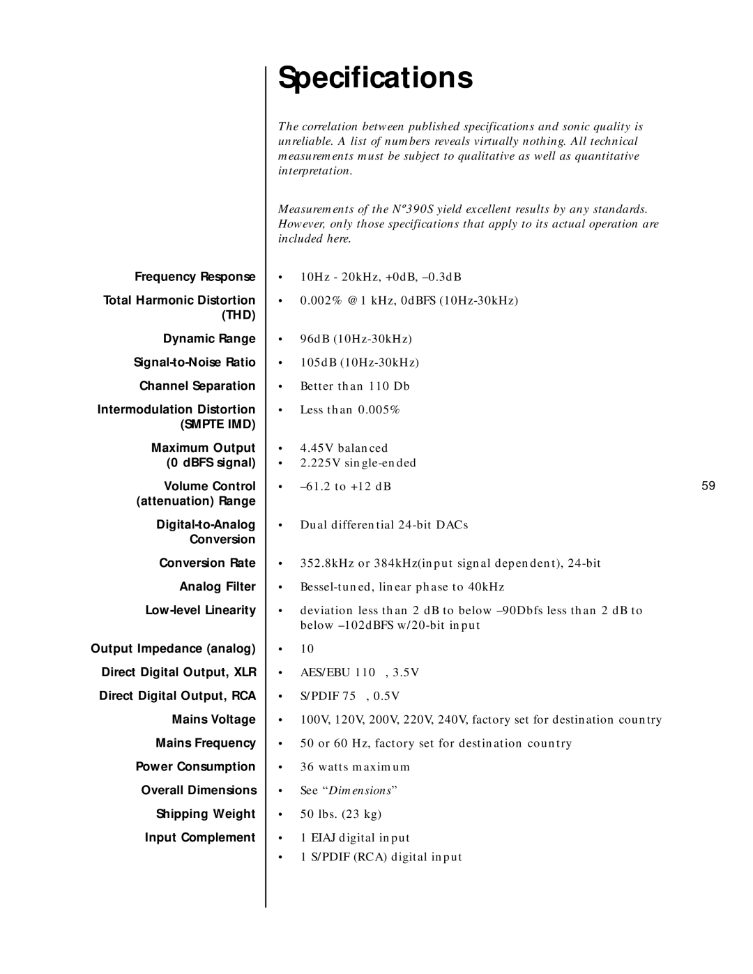 Mark Levinson N390S owner manual Specifications 