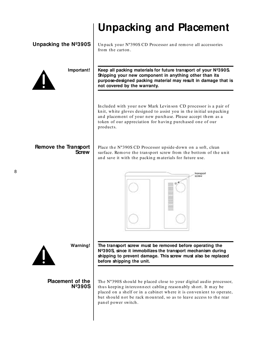 Mark Levinson N390S owner manual Unpacking and Placement, Unpacking the Nº390S Remove the Transport Screw Placement 