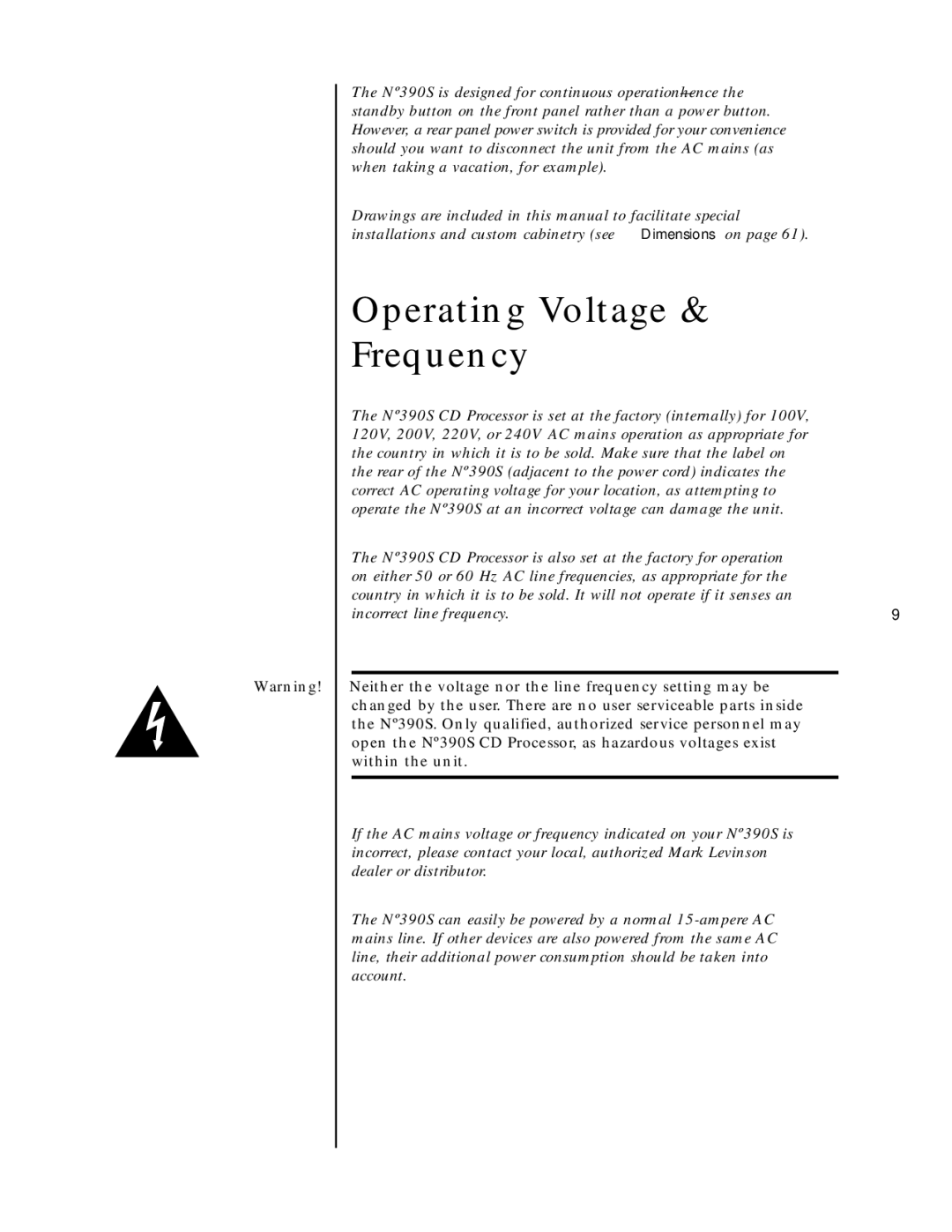 Mark Levinson N390S owner manual Operating Voltage Frequency 