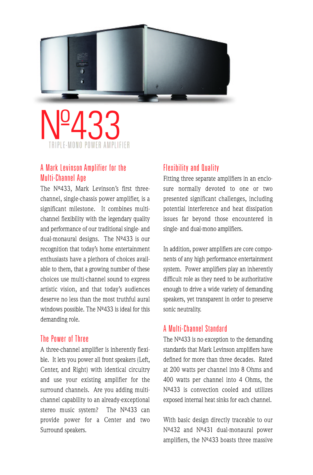 Mark Levinson N433 manual Power of Three, Flexibility and Quality, Multi Channel Standard 