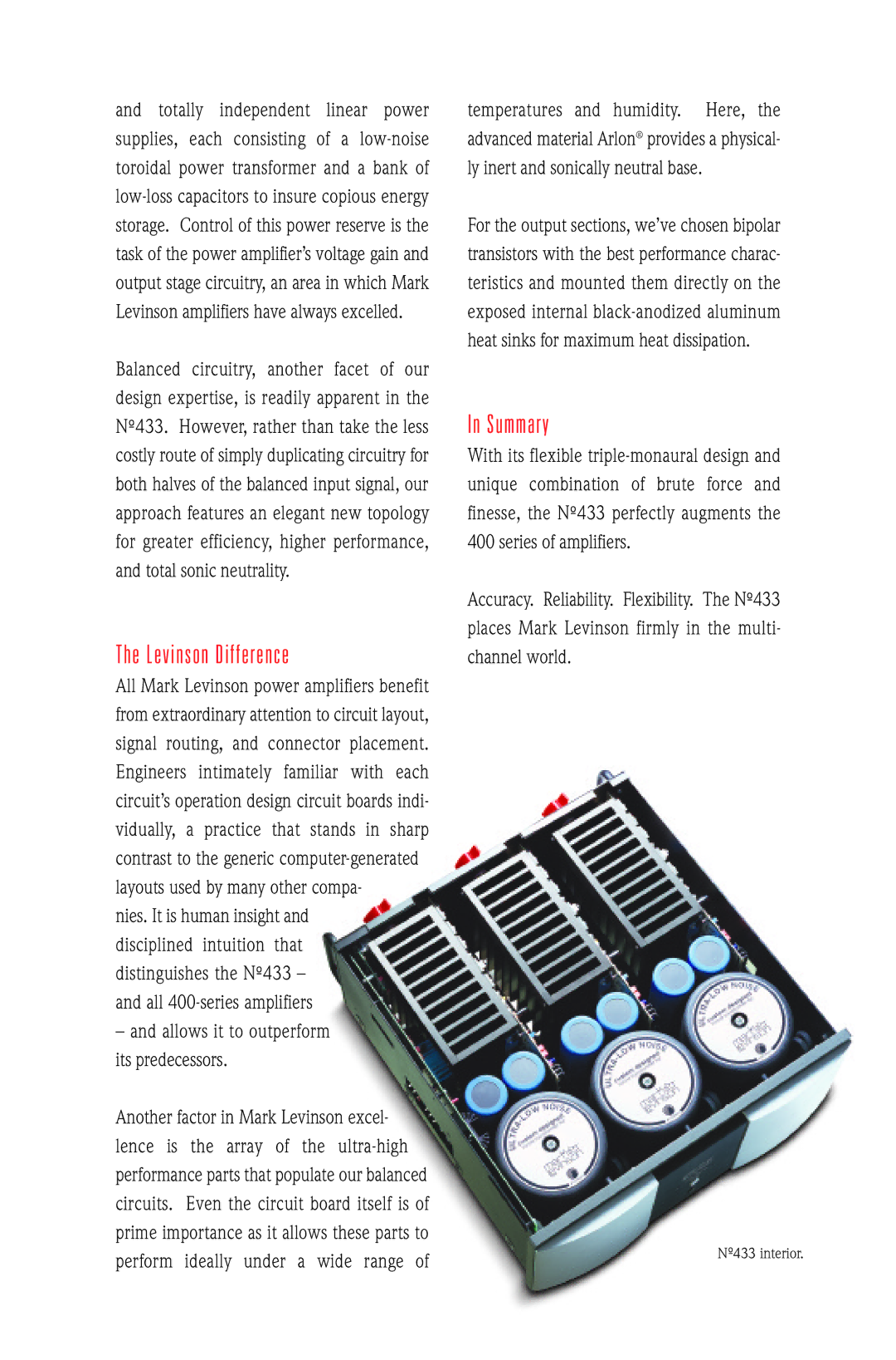 Mark Levinson N433 manual Levinson Difference, Summary 