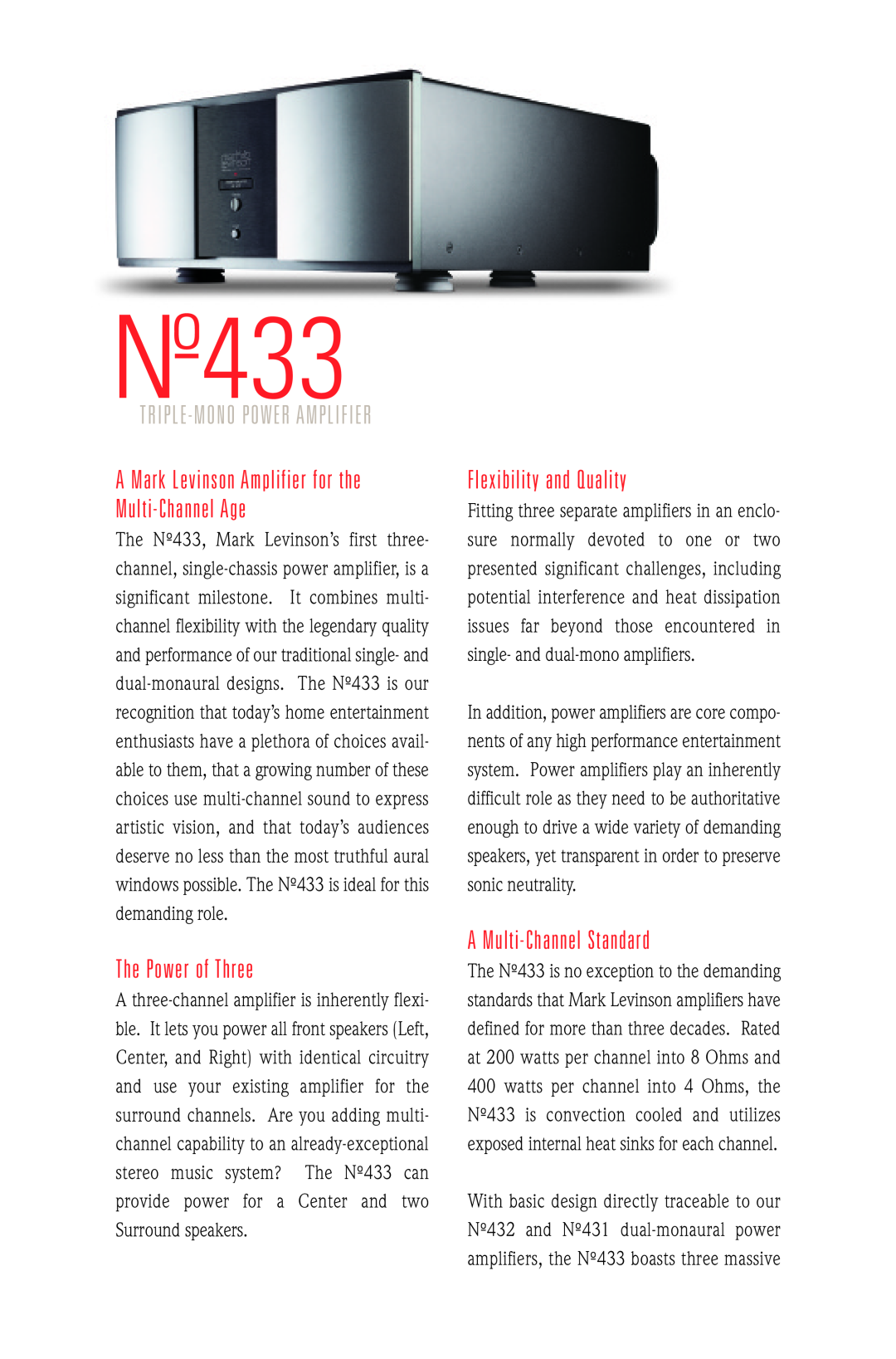 Mark Levinson N433 manual The Power of Three, Flexibility and Quality, A Multi - Channel Standard, Nº433 