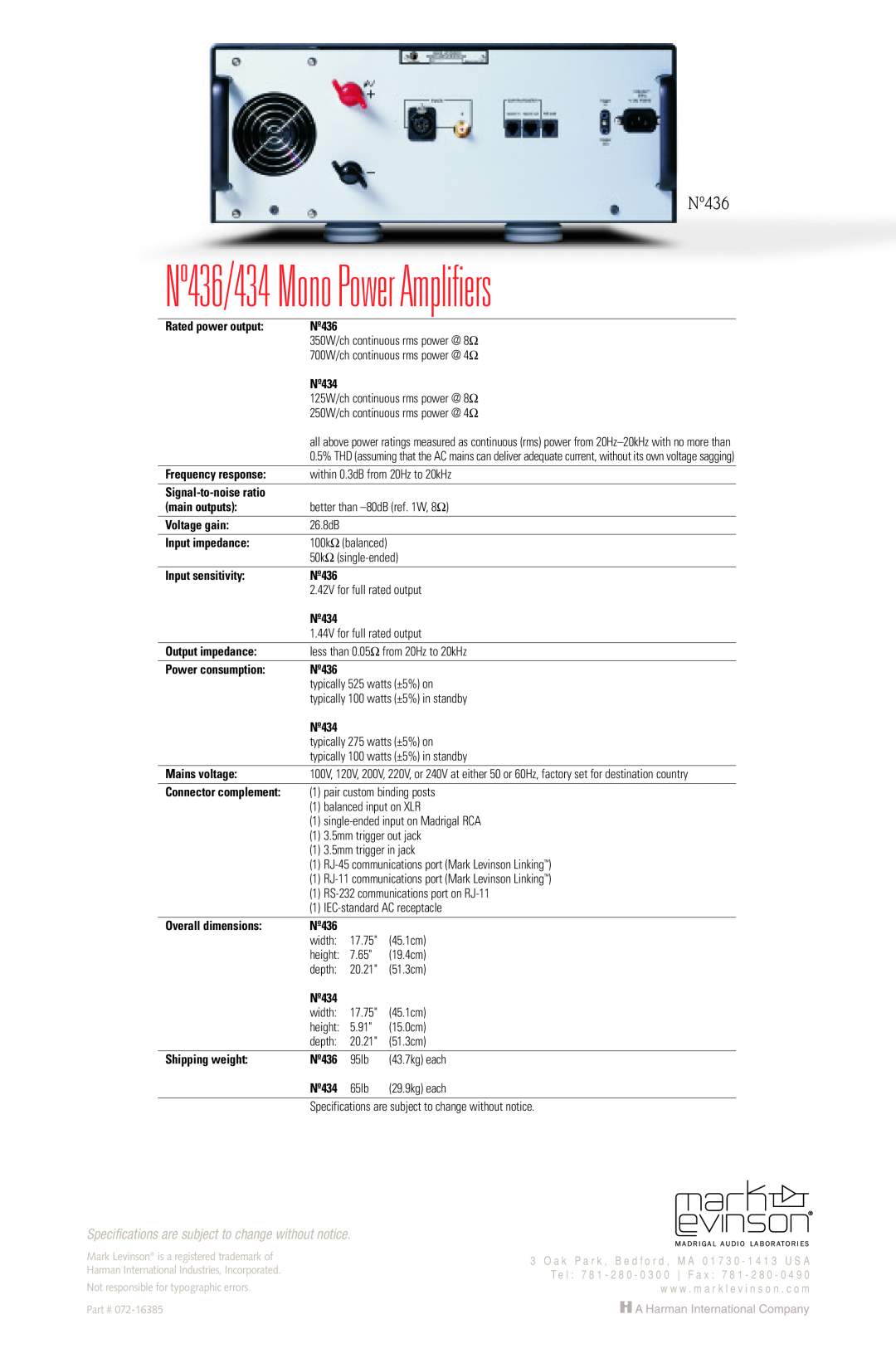 Mark Levinson N436, N434 manual Nº436/434 Mono Power Amplifiers 