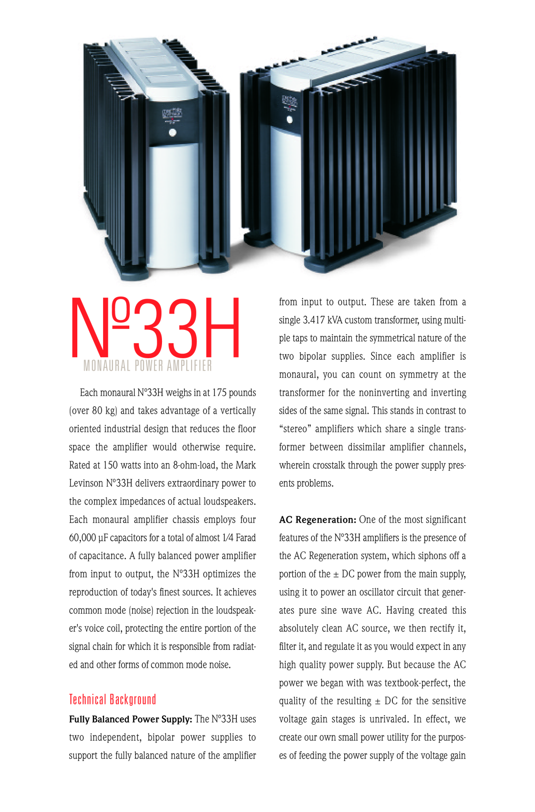 Mark Levinson No. 33H manual Technical Background, Nº33H, Monaural Power Amplifier 