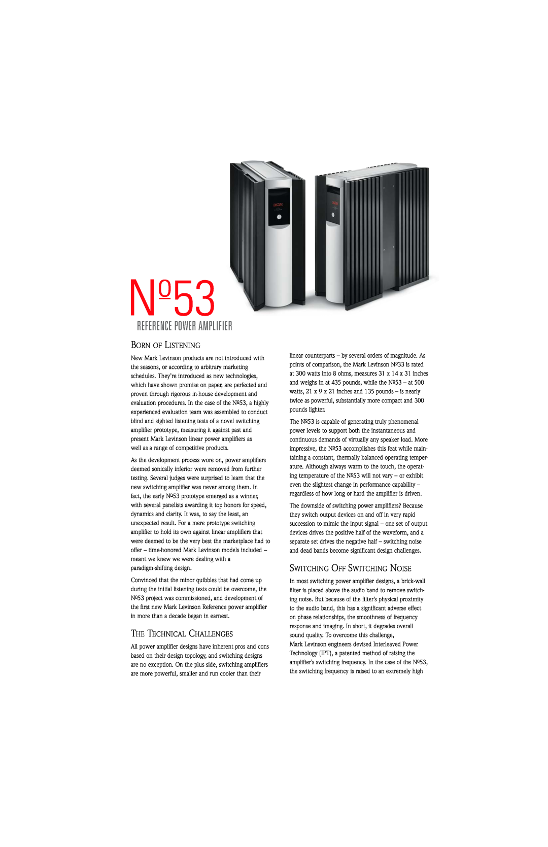 Mark Levinson No. 53 manual No53, Reference Power Amplifier, Born Of Listening, The Technical Challenges 