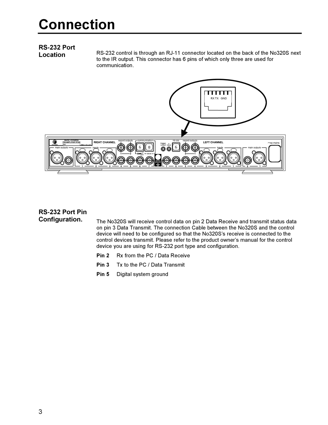 Mark Levinson manual Connection, RS-232 Port Location, RS-232 Port Pin Configuration 