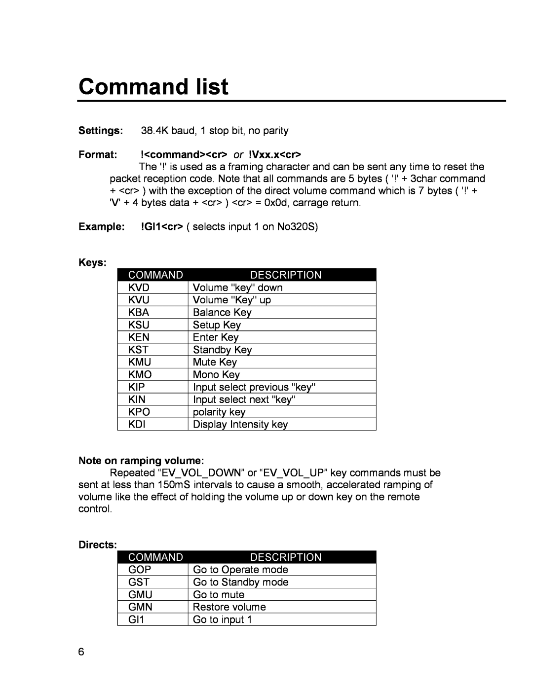 Mark Levinson RS-232 Command list, Format ! command cr or !Vxx.x cr, Keys, Description, Note on ramping volume, Directs 