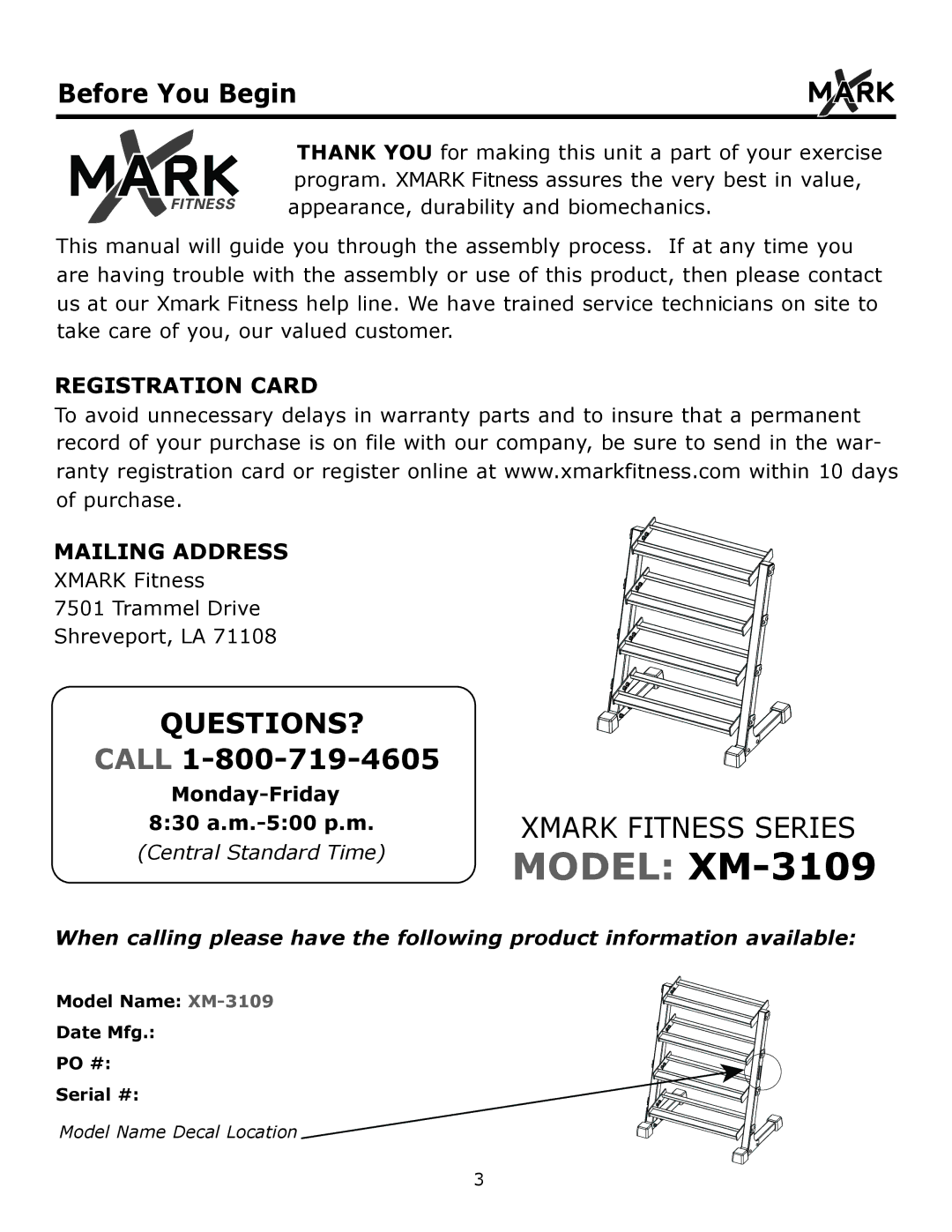 Mark Of Fitness 3' four tier dumbbell rack owner manual Model XM-3109 