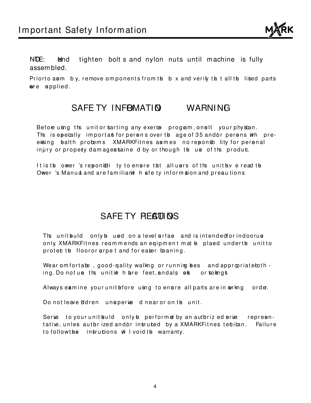 Mark Of Fitness 3' four tier dumbbell rack owner manual Safety Information Warning 