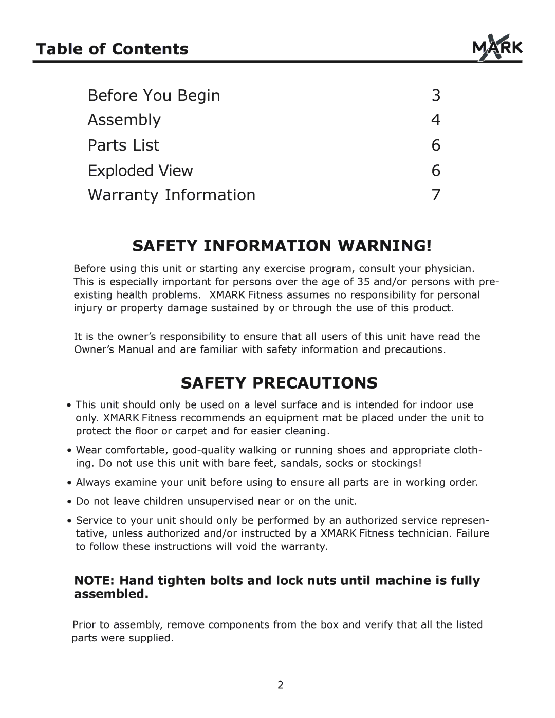 Mark Of Fitness xm-4416 owner manual Safety Information Warning 