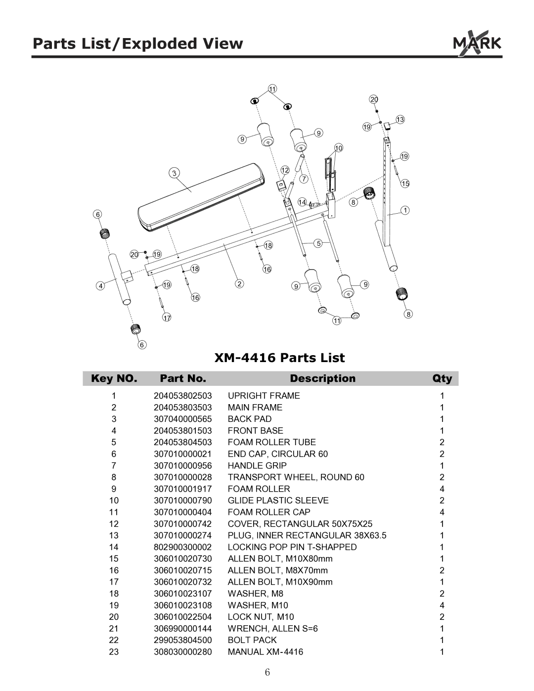 Mark Of Fitness xm-4416 owner manual Parts List/Exploded View 