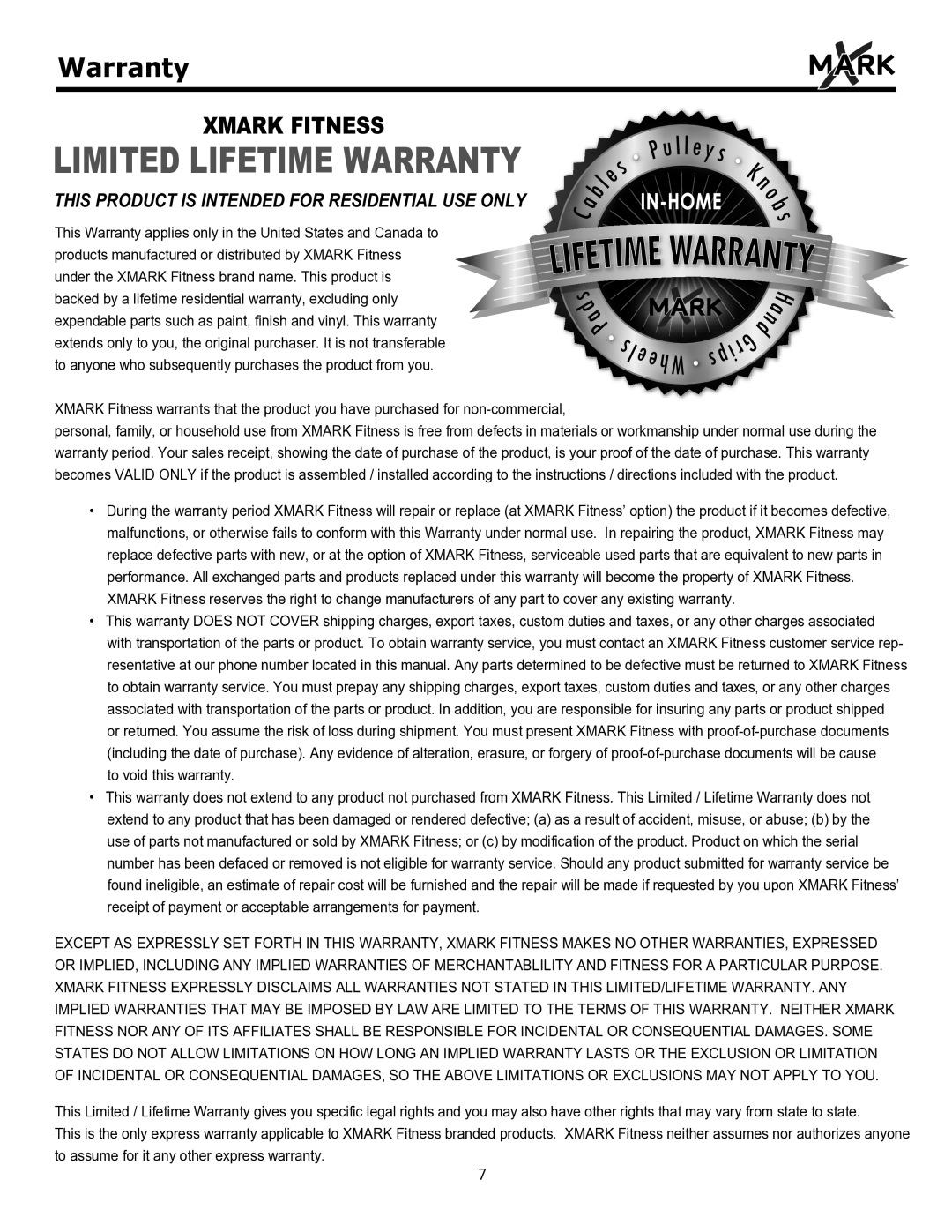 Mark Of Fitness xm-4416 owner manual Limited Lifetime Warranty 