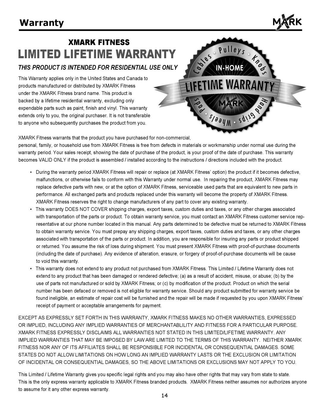 Mark Of Fitness XM-4419 owner manual Limited Lifetime Warranty 