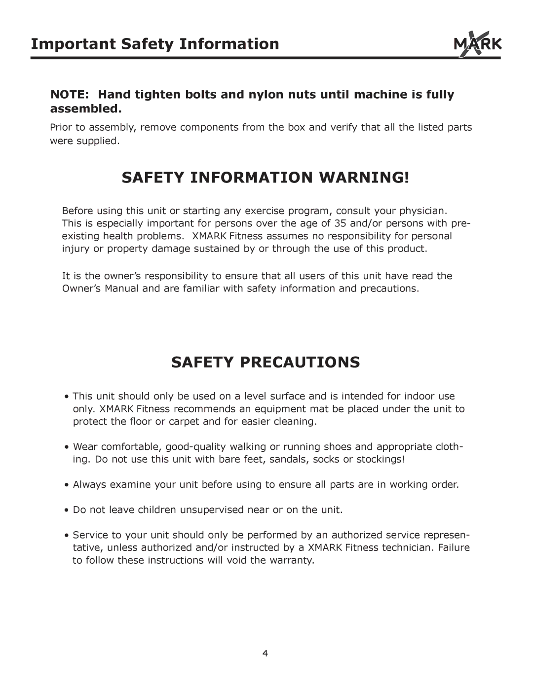 Mark Of Fitness XM-4419 owner manual Safety Information Warning 