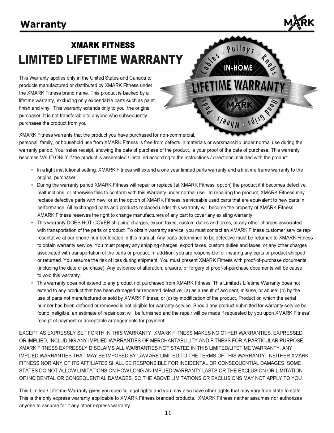 Mark Of Fitness XM-7604 owner manual Limited Lifetime Warranty 