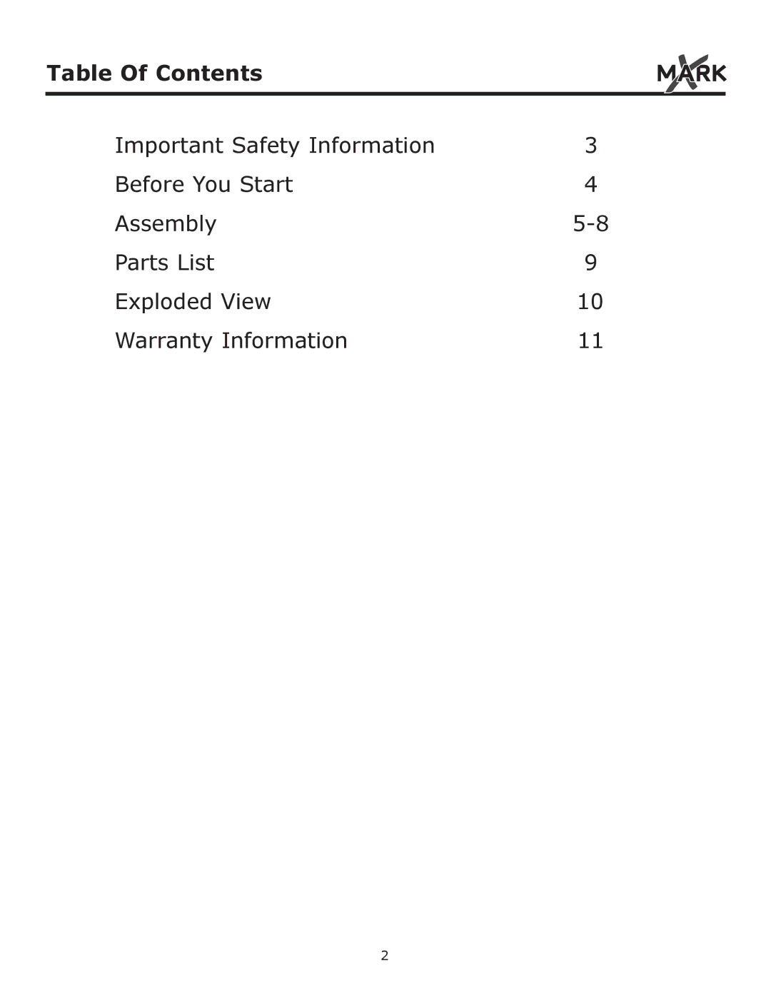 Mark Of Fitness XM-7604 owner manual Table Of Contents 