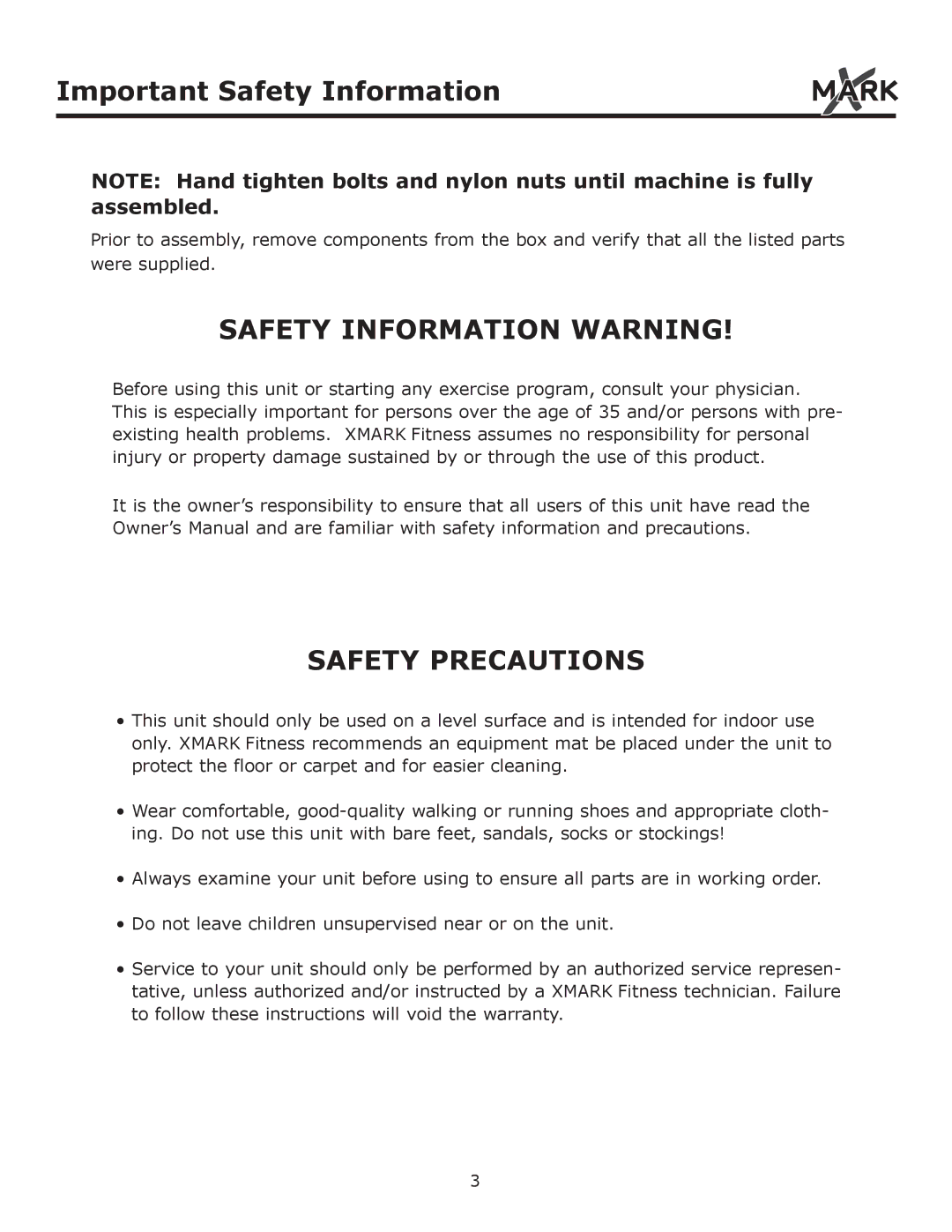 Mark Of Fitness XM-7604 owner manual Important Safety Information, Safety Information Warning 