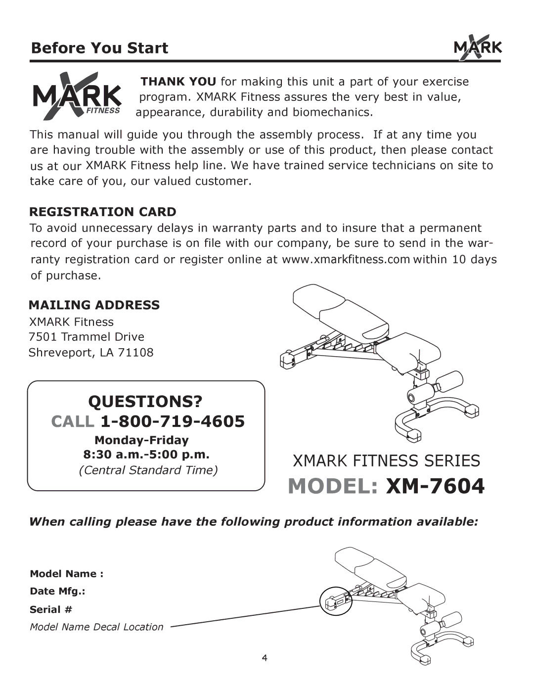 Mark Of Fitness owner manual Model XM-7604, Before You Start 