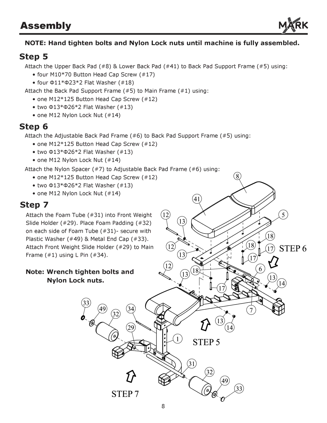 Mark Of Fitness XM-7604 owner manual Nylon Lock nuts 