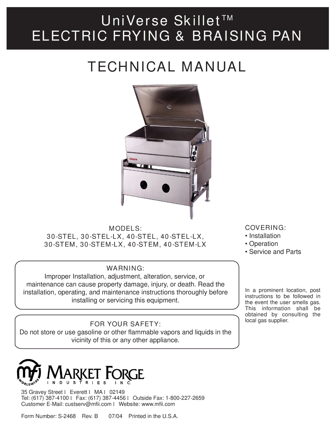 Market Forge Industries 30-stel-lx technical manual Electric Frying & Braising PAN 