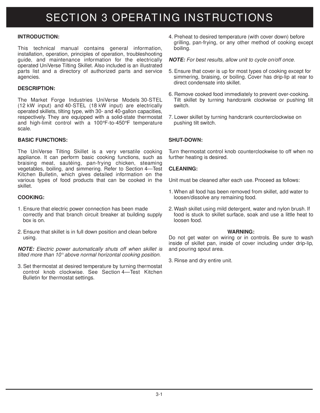 Market Forge Industries 30-stel-lx Operating Instructions, Introduction, Basic Functions SHUT-DOWN, Cooking, Cleaning 