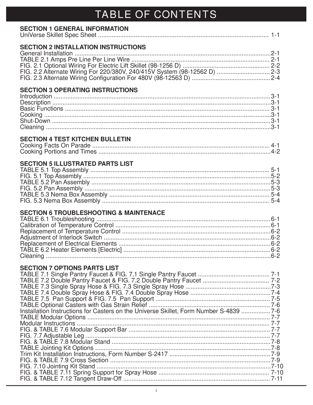 Market Forge Industries 30-stel-lx technical manual Table of Contents 