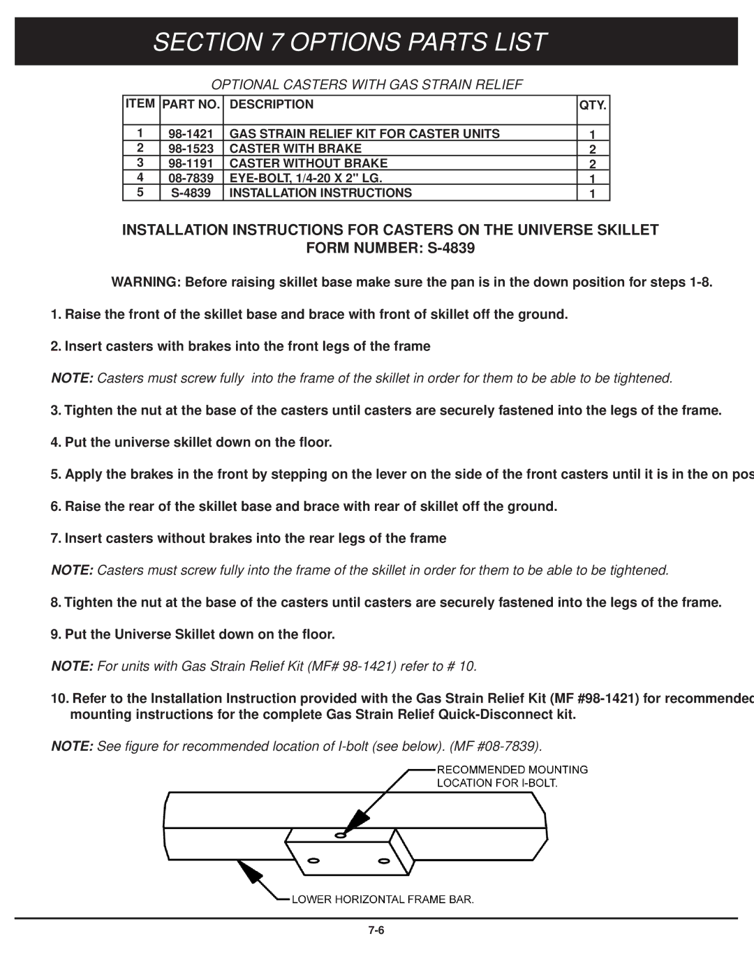 Market Forge Industries 30-stel-lx technical manual Optional Casters with GAS Strain Relief 