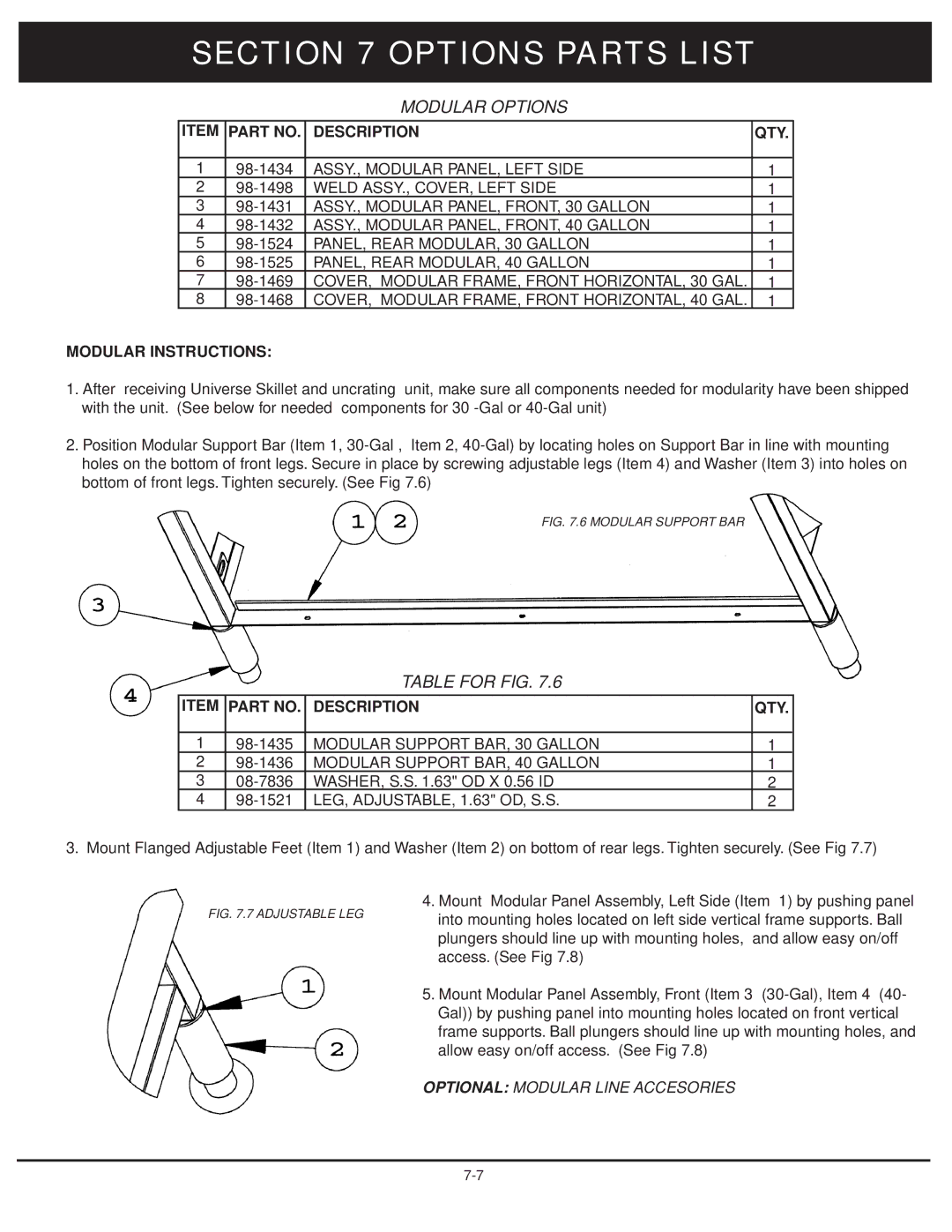 Market Forge Industries 30-stel-lx technical manual Modular Options, Table for FIG, Modular Instructions 