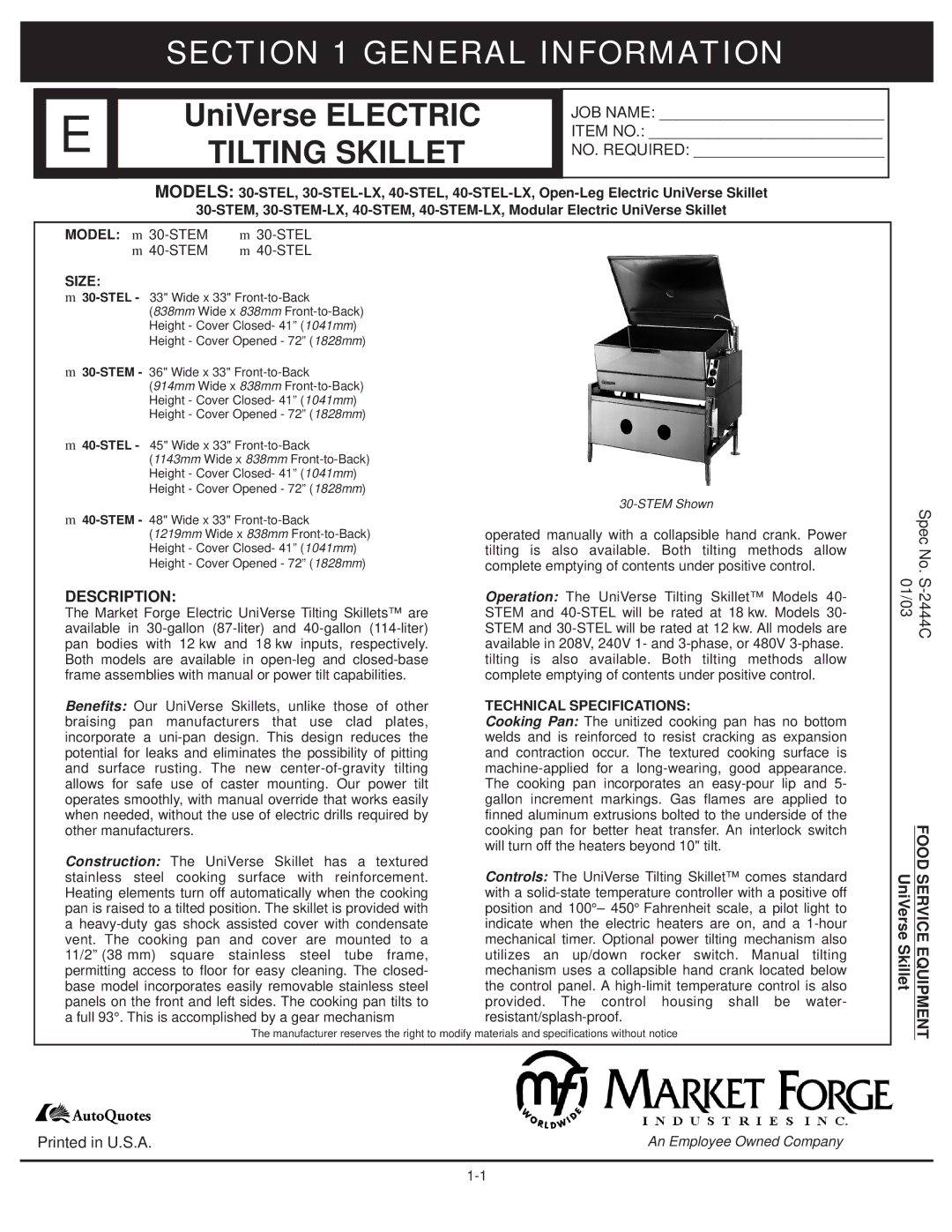 Market Forge Industries 30-stel-lx technical manual General Information, Description 