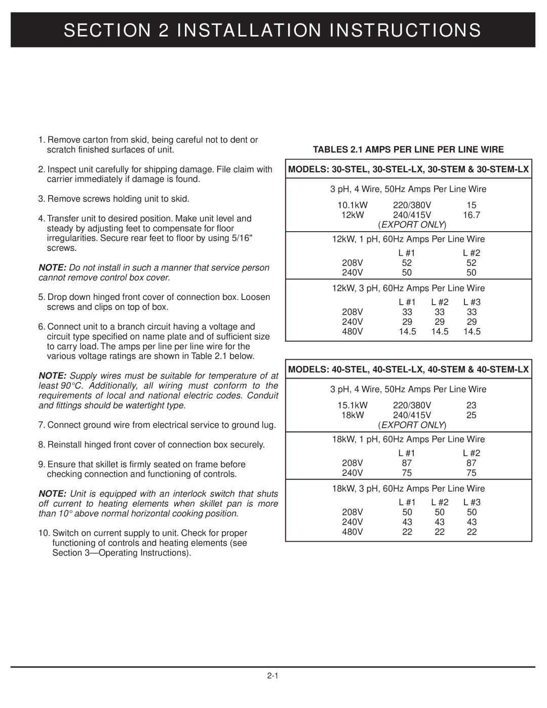 Market Forge Industries 30-stel-lx Installation Instructions, Models 40-STEL, 40-STEL-LX, 40-STEM & 40-STEM-LX 