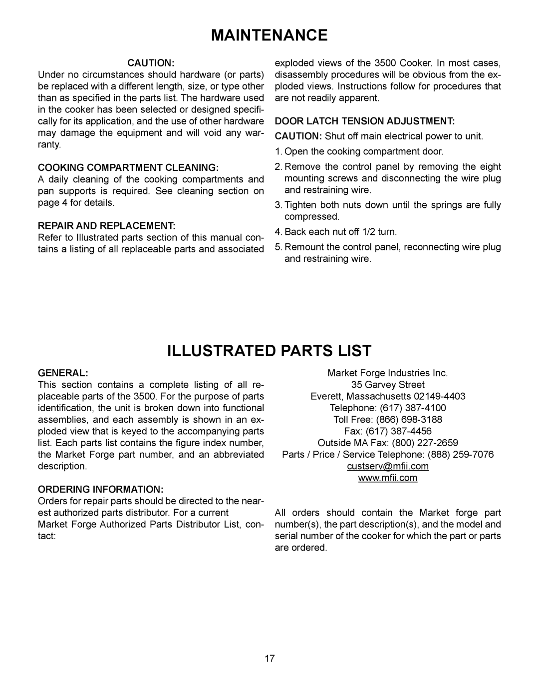 Market Forge Industries 3500 owner manual Illustrated Parts List, Cooking Compartment Cleaning, Repair and Replacement 